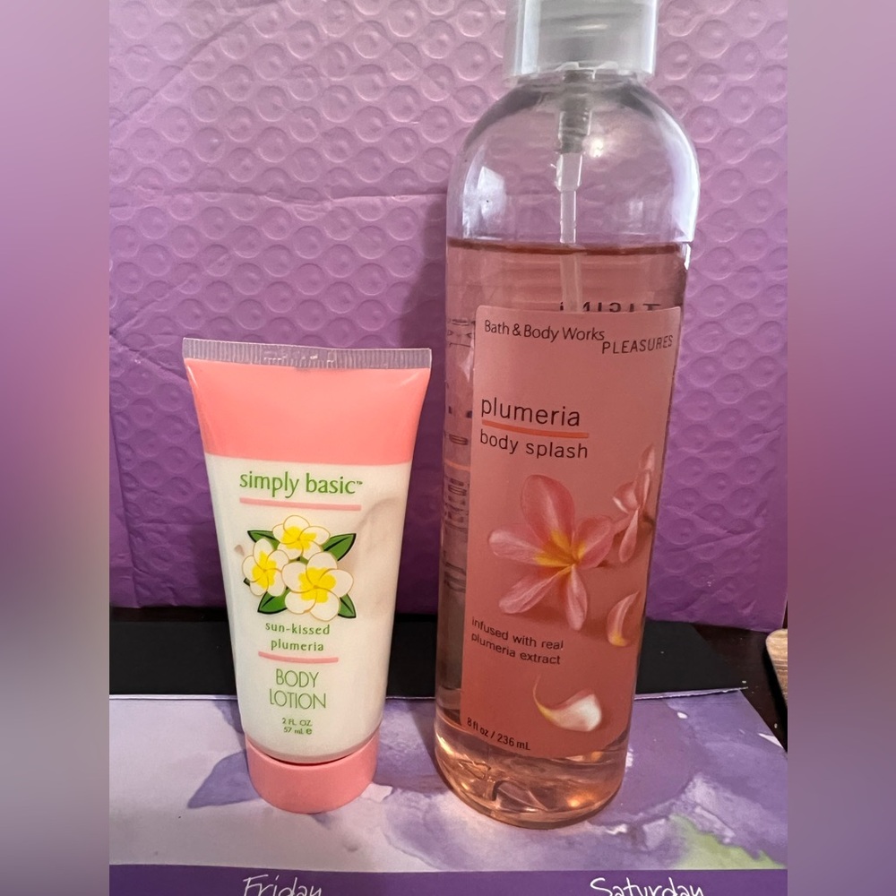 Bath & Body Works Plumeria body splash & simply basic sun kissed plumeria lotion